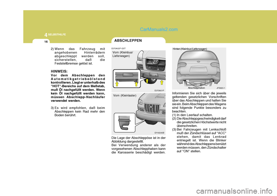 Hyundai H-1 (Grand Starex) 2005 Betriebsanleitung (in German) 44SELBSTHILFE
16
Informieren Sie sich über die jeweils geltenden gesetzlichen Vorschriften über das Abschleppen und halten Sie sie ein. Beim Abschleppen des Wagens sind folgende Punkte besonders zu Hyundai H-1 (Grand Starex) 2005 Betriebsanleitung (in German) 44SELBSTHILFE
16
Informieren Sie sich über die jeweils geltenden gesetzlichen Vorschriften über das Abschleppen und halten Sie sie ein. Beim Abschleppen des Wagens sind folgende Punkte besonders zu