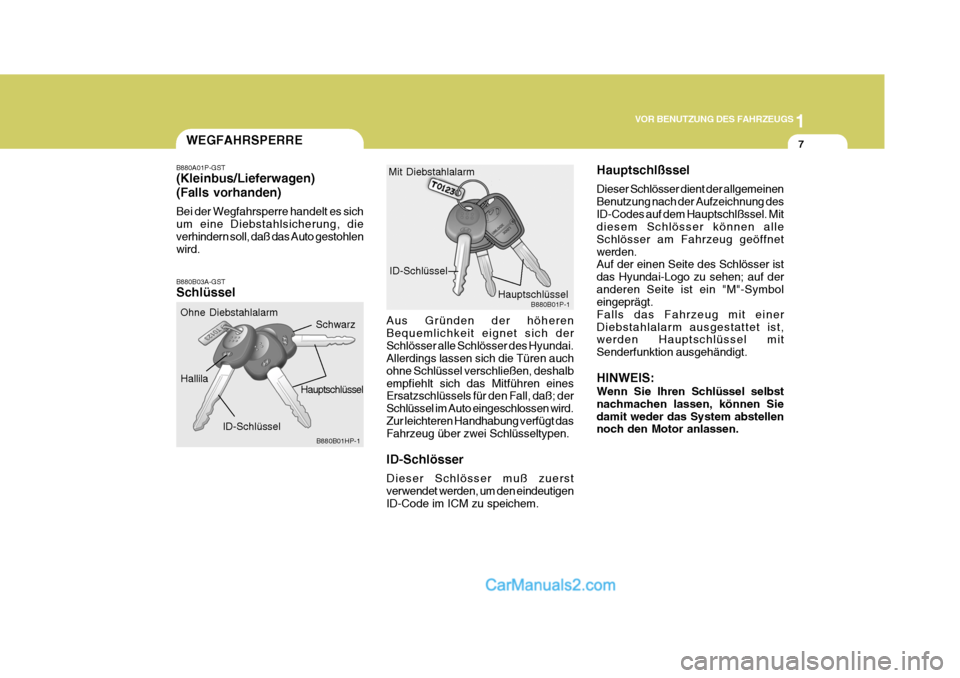 Hyundai H-1 (Grand Starex) 2005  Betriebsanleitung (in German) 1
VOR BENUTZUNG DES FAHRZEUGS
7
ID-Schlüssel
B880B01HP-1
WEGFAHRSPERRE
B880A01P-GST (Kleinbus/Lieferwagen) (Falls vorhanden) Bei der Wegfahrsperre handelt es sich um eine Diebstahlsicherung, dieverhi