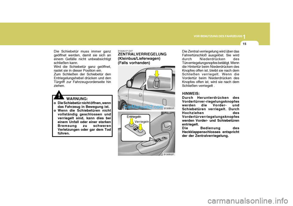 Hyundai H-1 (Grand Starex) 2005  Betriebsanleitung (in German) 1
VOR BENUTZUNG DES FAHRZEUGS
15
!
Die Schiebetür muss immer ganz geöffnet werden, damit sie sich aneinem Gefälle nicht unbeabsichtigt schließen kann. Wird die Schiebetür ganz geöffnet,rastet si