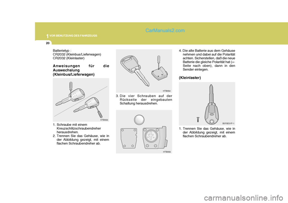 Hyundai H-1 (Grand Starex) 2005  Betriebsanleitung (in German) 1VOR BENUTZUNG DES FAHRZEUGS
20
B070E01P-1
4. Die alte Batterie aus dem Gehäuse
nehmen und dabei auf die Polarität achten. Sicherstellen, daß die neue Batterie die gleiche Polarität hat (+- Seite 
