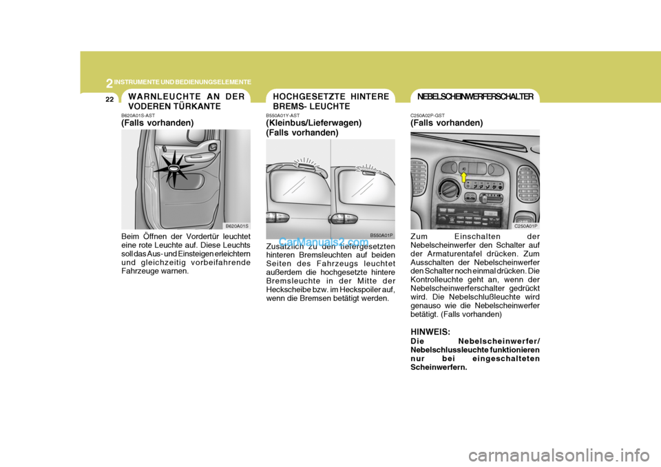 Hyundai H-1 (Grand Starex) 2005 Betriebsanleitung (in German) 2INSTRUMENTE UND BEDIENUNGSELEMENTE
22NEBELSCHEINWERFERSCHALTER
C250A02P-GST (Falls vorhanden) Zum Einschalten der Nebelscheinwerfer den Schalter auf der Armaturentafel drücken. ZumAusschalten der Ne Hyundai H-1 (Grand Starex) 2005 Betriebsanleitung (in German) 2INSTRUMENTE UND BEDIENUNGSELEMENTE
22NEBELSCHEINWERFERSCHALTER
C250A02P-GST (Falls vorhanden) Zum Einschalten der Nebelscheinwerfer den Schalter auf der Armaturentafel drücken. ZumAusschalten der Ne