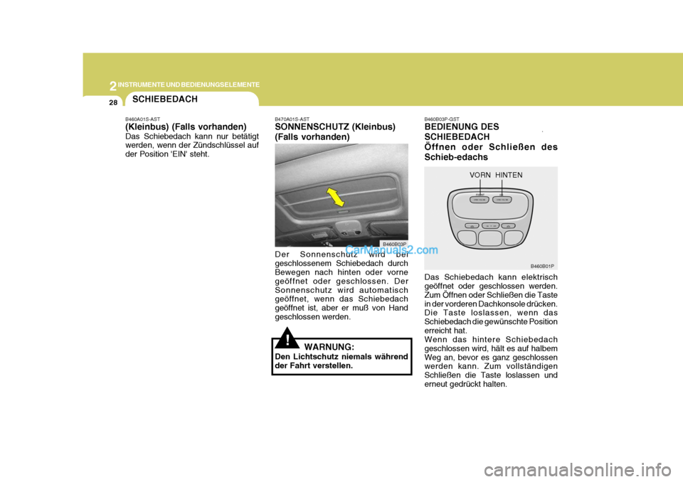 Hyundai H-1 (Grand Starex) 2005 Betriebsanleitung (in German) 2INSTRUMENTE UND BEDIENUNGSELEMENTE
28
B460B03P-GST BEDIENUNG DES SCHIEBEDACHÖffnen oder Schließen desSchieb-edachs Das Schiebedach kann elektrisch geöffnet oder geschlossen werden. Zum Öffnen ode Hyundai H-1 (Grand Starex) 2005 Betriebsanleitung (in German) 2INSTRUMENTE UND BEDIENUNGSELEMENTE
28
B460B03P-GST BEDIENUNG DES SCHIEBEDACHÖffnen oder Schließen desSchieb-edachs Das Schiebedach kann elektrisch geöffnet oder geschlossen werden. Zum Öffnen ode