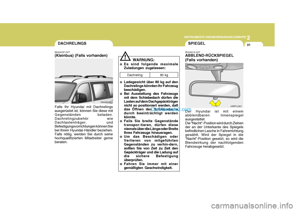 Hyundai H-1 (Grand Starex) 2005 Betriebsanleitung (in German) 2
INSTRUMENTE UND BEDIENUNGSELEMENTE
31DACHRELINGS
B630A03P-GST (Kleinbus) (Falls vorhanden) Falls lhr Hyundai mit Dachrelings ausgerüstet ist, können Sie diese mit Gegenständen beladen.Dachrelingz Hyundai H-1 (Grand Starex) 2005 Betriebsanleitung (in German) 2
INSTRUMENTE UND BEDIENUNGSELEMENTE
31DACHRELINGS
B630A03P-GST (Kleinbus) (Falls vorhanden) Falls lhr Hyundai mit Dachrelings ausgerüstet ist, können Sie diese mit Gegenständen beladen.Dachrelingz