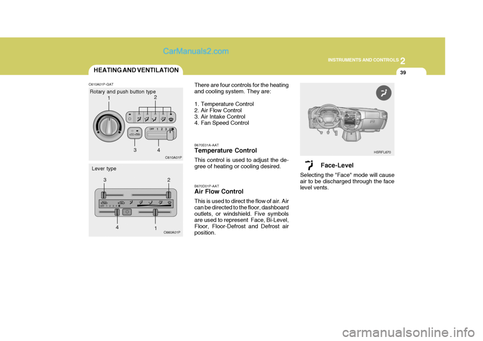 Hyundai H-1 (Grand Starex) 2004  Owners Manual 2
INSTRUMENTS AND CONTROLS
39
Face-Level
Selecting the "Face" mode will cause air to be discharged through the face level vents. HSRFL670
HEATING AND VENTILATION
C610A01P-GAT Rotary and push button ty