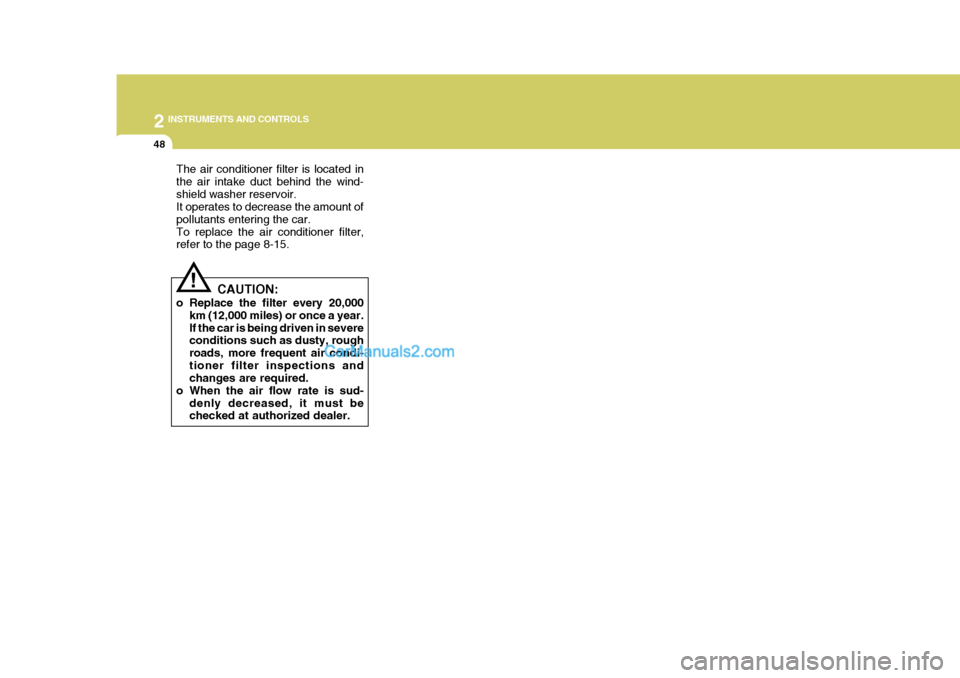 Hyundai H-1 (Grand Starex) 2004  Owners Manual 2 INSTRUMENTS AND CONTROLS
48
The air conditioner filter is located in the air intake duct behind the wind-shield washer reservoir. It operates to decrease the amount of pollutants entering the car.To