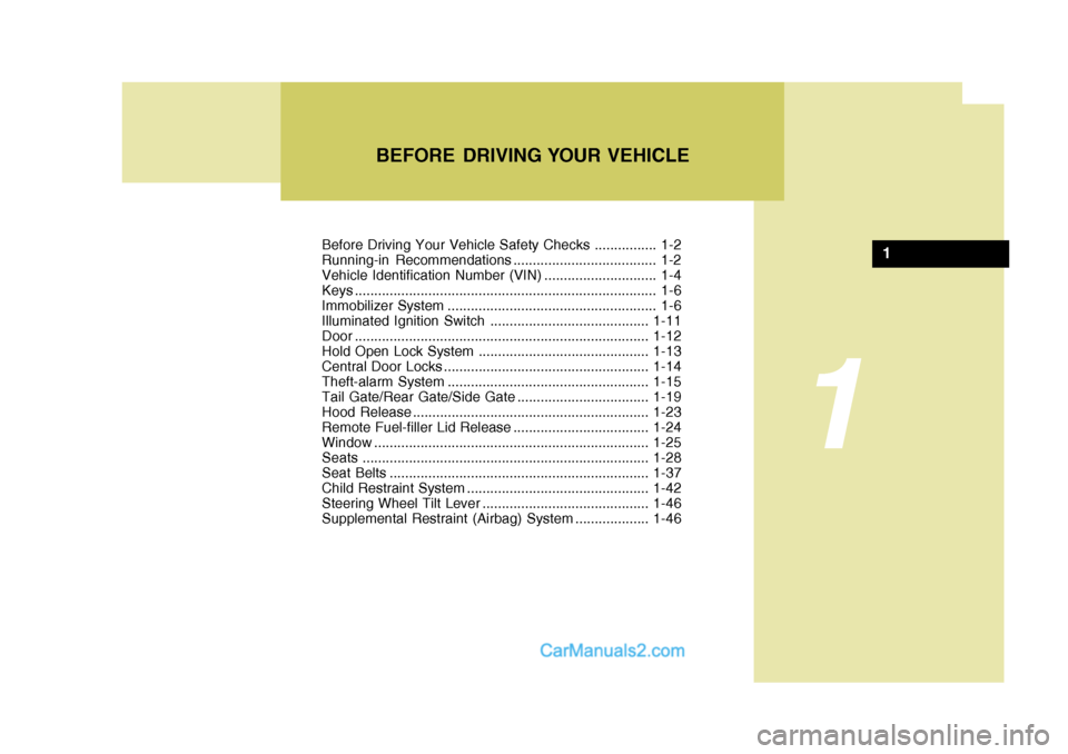 Hyundai H-1 (Grand Starex) 2004  Owners Manual Before Driving Your Vehicle Safety Checks ................ 1-2 
Running-in Recommendations ..................................... 1-2
Vehicle Identification Number (VIN) ............................. 1