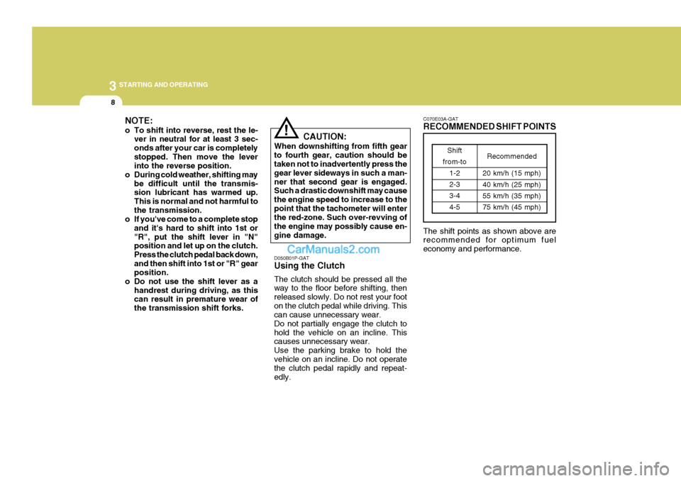 Hyundai H-1 (Grand Starex) 2004 Owners Guide 3 STARTING AND OPERATING
8
C070E03A-GAT RECOMMENDED SHIFT POINTS The shift points as shown above are recommended for optimum fuel economy and performance.
Shift
from-to 1-2 2-3 3-44-5 Recommended
20 k