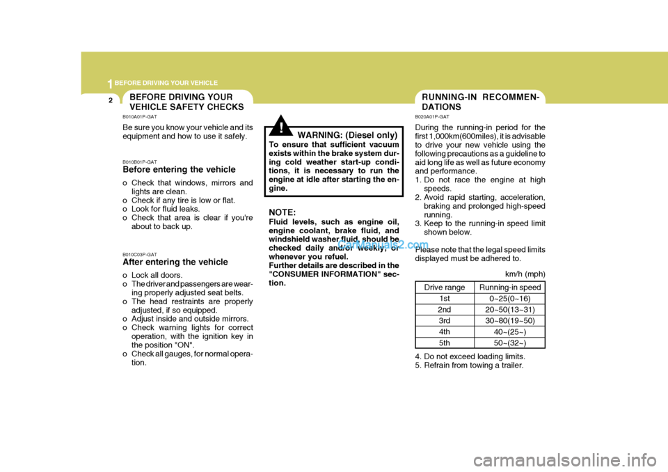 Hyundai H-1 (Grand Starex) 2004  Owners Manual 1BEFORE DRIVING YOUR VEHICLE
2RUNNING-IN RECOMMEN- DATIONSBEFORE DRIVING YOUR VEHICLE SAFETY CHECKS
Drive range1st
2nd 3rd
4th 5th
!
B010A01P-GAT Be sure you know your vehicle and its equipment and ho