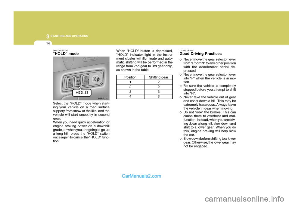 Hyundai H-1 (Grand Starex) 2004  Owners Manual 3 STARTING AND OPERATING
14
D070E02P-GAT Good Driving Practices 
o Never move the gear selector lever
from "P" or "N" to any other position with the accelerator pedal de- pressed.
o Never move the gea