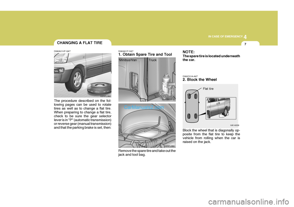 Hyundai H-1 (Grand Starex) 2004 Owners Manual 4
CORROSION PREVENTION AND APPEARANCE CARE
7
4
IN CASE OF EMERGENCY
7CHANGING A FLAT TIRE
D060A01HP-GAT The procedure described on the fol- lowing pages can be used to rotatetires as well as to change Hyundai H-1 (Grand Starex) 2004 Owners Manual 4
CORROSION PREVENTION AND APPEARANCE CARE
7
4
IN CASE OF EMERGENCY
7CHANGING A FLAT TIRE
D060A01HP-GAT The procedure described on the fol- lowing pages can be used to rotatetires as well as to change