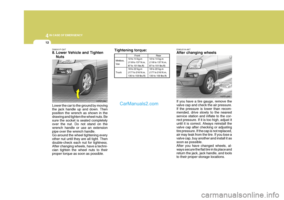 Hyundai H-1 (Grand Starex) 2004  Owners Manual 44IN CASE OF EMERGENCY
12
Tightening torque:
Minibus, Van Truck Front
12 to 14 kg.m (118 to 137 N.m, 87 to 101 lbs.ft) 18 to 22 kg.m(177 to 216 N.m, 130 to 159 lbs.ft)
Rear
12 to 14 kg.m (118 to 137 N