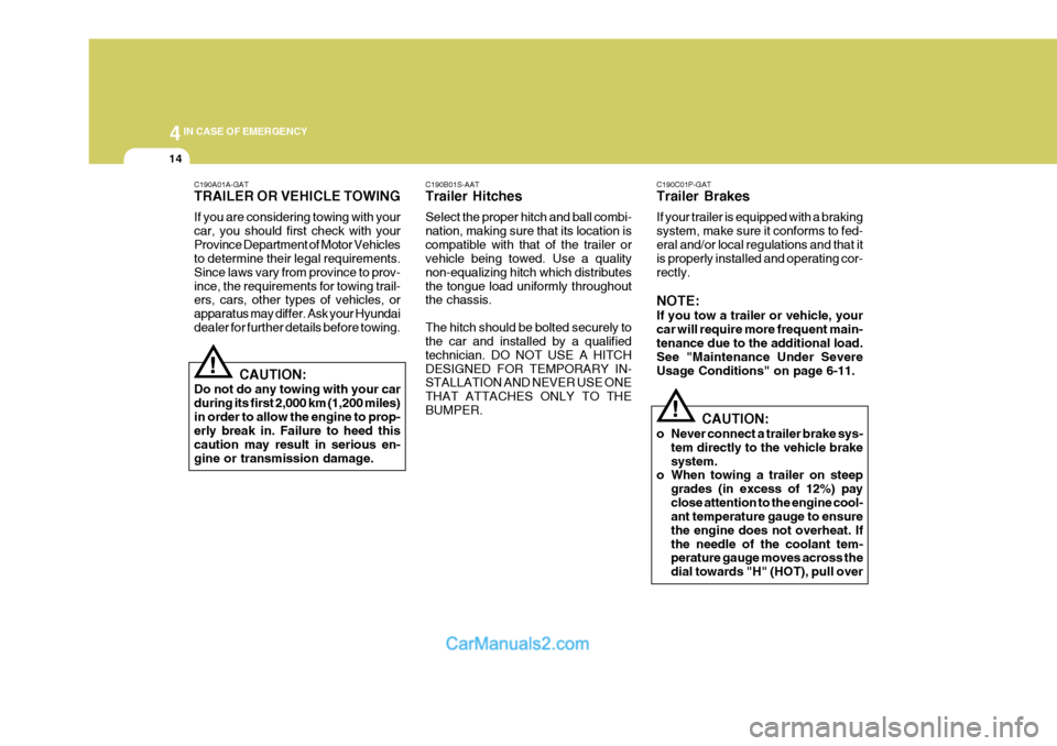 Hyundai H-1 (Grand Starex) 2004  Owners Manual 44IN CASE OF EMERGENCY
14
C190B01S-AAT Trailer Hitches Select the proper hitch and ball combi- nation, making sure that its location iscompatible with that of the trailer or vehicle being towed. Use a