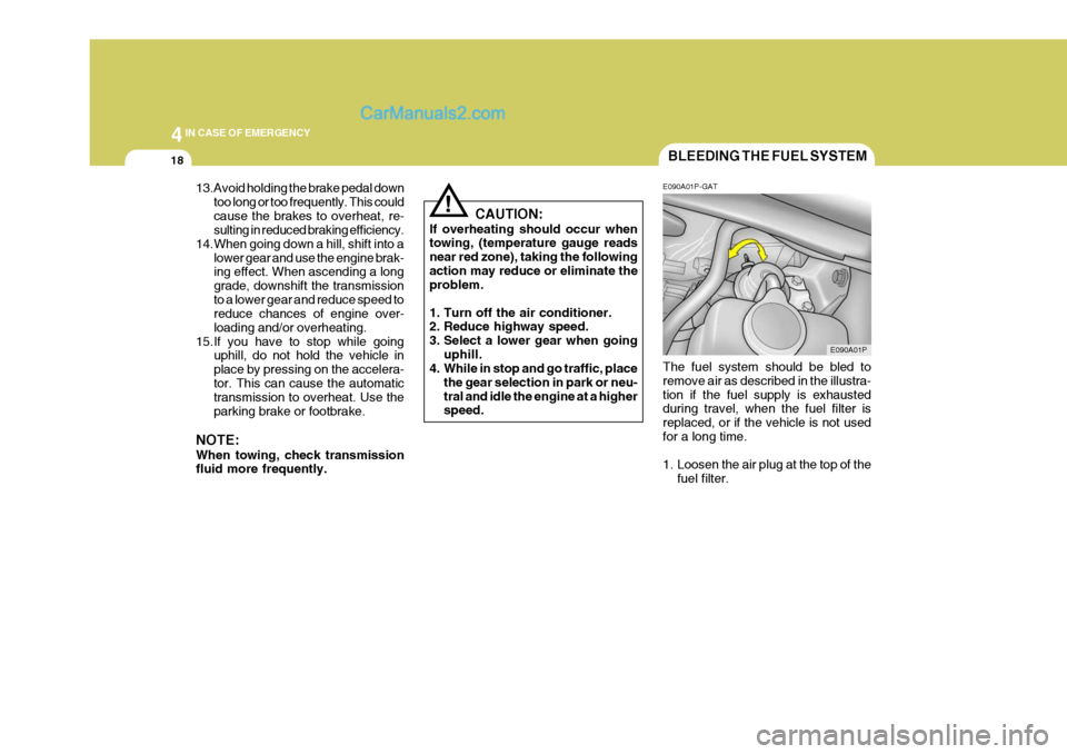 Hyundai H-1 (Grand Starex) 2004  Owners Manual 44IN CASE OF EMERGENCY
18BLEEDING THE FUEL SYSTEM
CAUTION:
If overheating should occur when towing, (temperature gauge reads near red zone), taking the followingaction may reduce or eliminate the prob