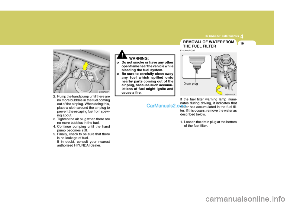 Hyundai H-1 (Grand Starex) 2004 Owners Manual 4
CORROSION PREVENTION AND APPEARANCE CARE
19
4
IN CASE OF EMERGENCY
19
2. Pump the hand pump until there are
no more bubbles in the fuel coming out of the air plug. When doing this,place a cloth arou Hyundai H-1 (Grand Starex) 2004 Owners Manual 4
CORROSION PREVENTION AND APPEARANCE CARE
19
4
IN CASE OF EMERGENCY
19
2. Pump the hand pump until there are
no more bubbles in the fuel coming out of the air plug. When doing this,place a cloth arou