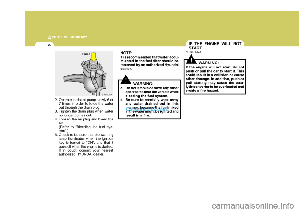 Hyundai H-1 (Grand Starex) 2004 Owners Manual 44IN CASE OF EMERGENCY
20IF THE ENGINE WILL NOT START
!WARNING:
o Do not smoke or have any other open flame near the vehicle while bleeding the fuel system.
o Be sure to carefully wipe away
any water Hyundai H-1 (Grand Starex) 2004 Owners Manual 44IN CASE OF EMERGENCY
20IF THE ENGINE WILL NOT START
!WARNING:
o Do not smoke or have any other open flame near the vehicle while bleeding the fuel system.
o Be sure to carefully wipe away
any water
