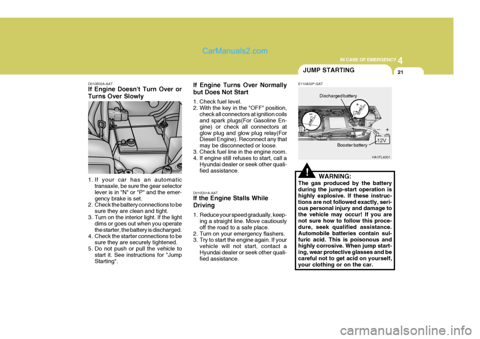 Hyundai H-1 (Grand Starex) 2004 Owners Manual 4
CORROSION PREVENTION AND APPEARANCE CARE
21
4
IN CASE OF EMERGENCY
21
D010B02A-AAT If Engine Doesnt Turn Over or Turns Over Slowly
1. If your car has an automatic
transaxle, be sure the gear selec Hyundai H-1 (Grand Starex) 2004 Owners Manual 4
CORROSION PREVENTION AND APPEARANCE CARE
21
4
IN CASE OF EMERGENCY
21
D010B02A-AAT If Engine Doesnt Turn Over or Turns Over Slowly
1. If your car has an automatic
transaxle, be sure the gear selec