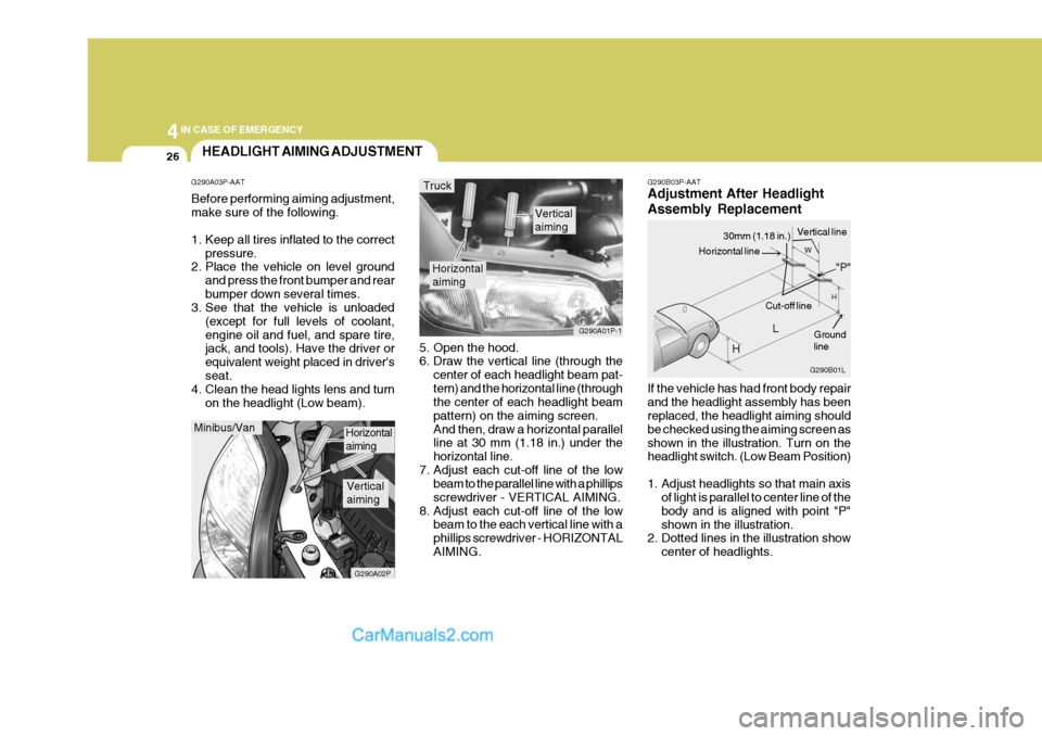 Hyundai H-1 (Grand Starex) 2004 Owners Manual 44IN CASE OF EMERGENCY
26
G290B03P-AAT Adjustment After Headlight Assembly Replacement If the vehicle has had front body repair and the headlight assembly has been replaced, the headlight aiming shoul Hyundai H-1 (Grand Starex) 2004 Owners Manual 44IN CASE OF EMERGENCY
26
G290B03P-AAT Adjustment After Headlight Assembly Replacement If the vehicle has had front body repair and the headlight assembly has been replaced, the headlight aiming shoul