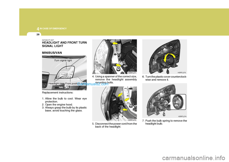Hyundai H-1 (Grand Starex) 2004 Owners Manual 44IN CASE OF EMERGENCY
28
HSRFL274
7. Push the bulb spring to remove the headlight bulb. HSRFL273
6. Turn the plastic cover counterclock- wise and remove it.
4. Using a spanner of the correct size,
re Hyundai H-1 (Grand Starex) 2004 Owners Manual 44IN CASE OF EMERGENCY
28
HSRFL274
7. Push the bulb spring to remove the headlight bulb. HSRFL273
6. Turn the plastic cover counterclock- wise and remove it.
4. Using a spanner of the correct size,
re