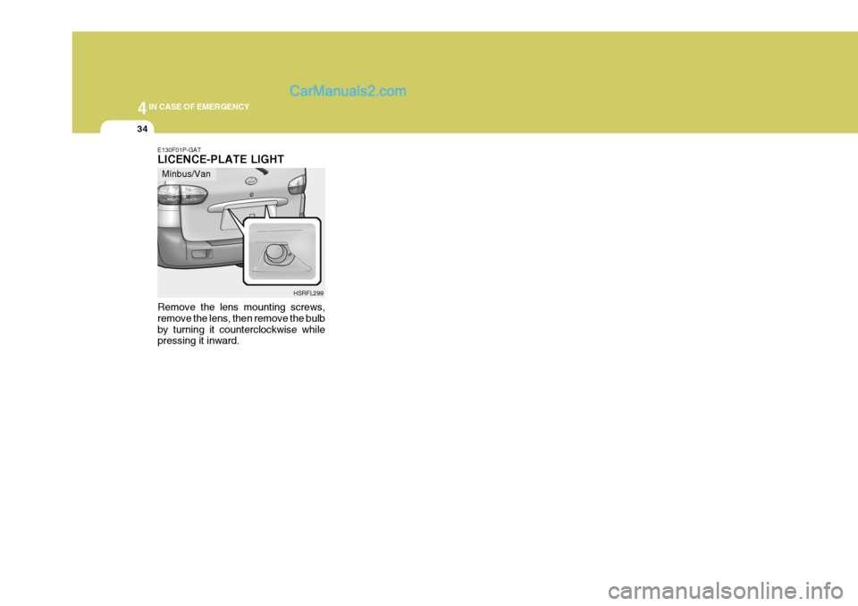 Hyundai H-1 (Grand Starex) 2004  Owners Manual 44IN CASE OF EMERGENCY
34
E130F01P-GAT LICENCE-PLATE LIGHT
HSRFL299
Remove the lens mounting screws, remove the lens, then remove the bulbby turning it counterclockwise while pressing it inward. Minbu