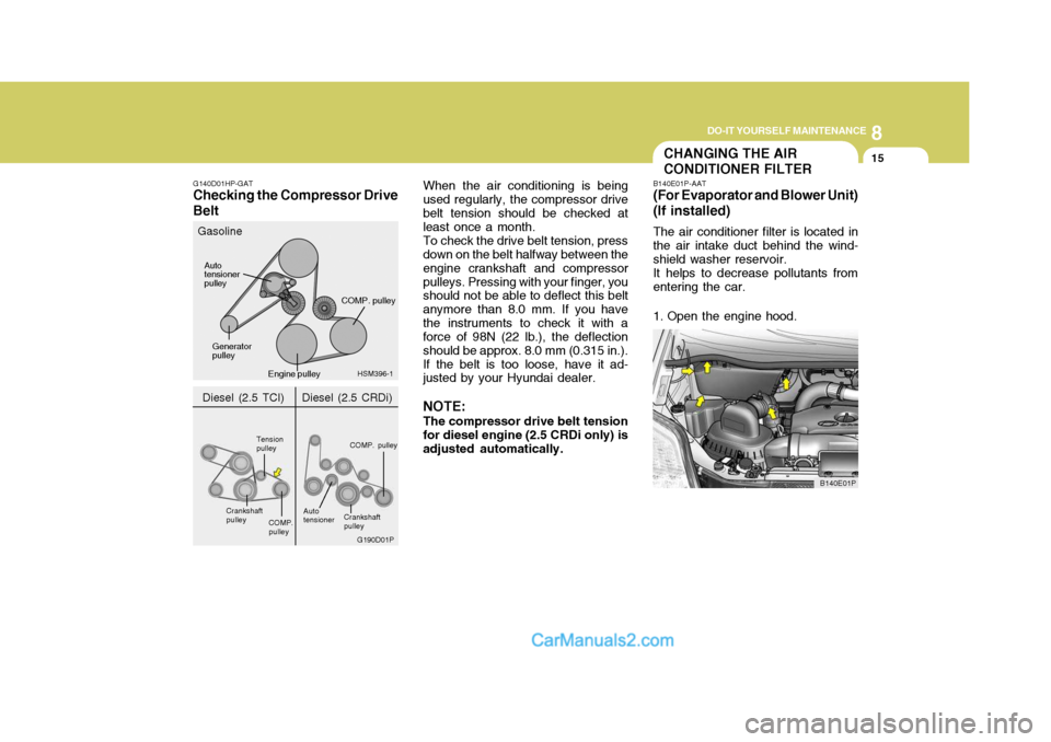 Hyundai H-1 (Grand Starex) 2004  Owners Manual 8
DO-IT YOURSELF MAINTENANCE
15
G140D01HP-GAT
Checking the Compressor Drive Belt When the air conditioning is being used regularly, the compressor drivebelt tension should be checked at least once a m