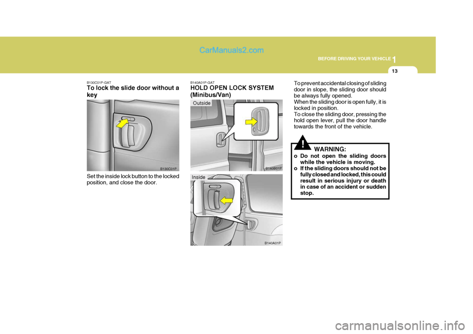 Hyundai H-1 (Grand Starex) 2004  Owners Manual 1
BEFORE DRIVING YOUR VEHICLE
13
Outside
!
B130C01P-GAT To lock the slide door without a key Set the inside lock button to the locked position, and close the door. B130C01PB140A01P-GAT HOLD OPEN LOCK 