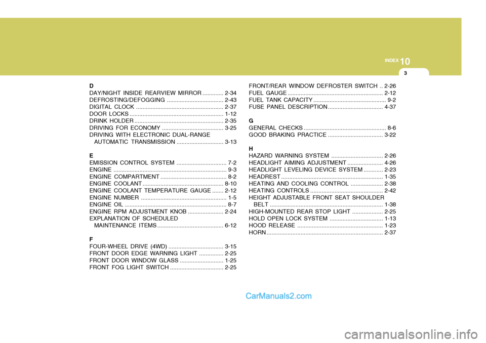 Hyundai H-1 (Grand Starex) 2004  Owners Manual 10
INDEX
3
D 
DAY/NIGHT INSIDE REARVIEW MI RROR .............2-34
DEFROSTING/DEFOGGING ...................................2-43
DIGITAL CLOCK ...................................................... 2-37