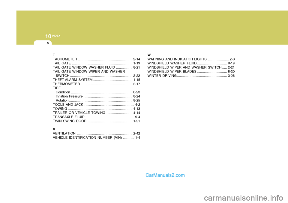 Hyundai H-1 (Grand Starex) 2004  Owners Manual 10INDEX
6
T TACHOMETER ......................................................... 2-14
TAIL GATE ............................................................... 1-19
TAIL GATE WINDOW WASHER  FLUID ....