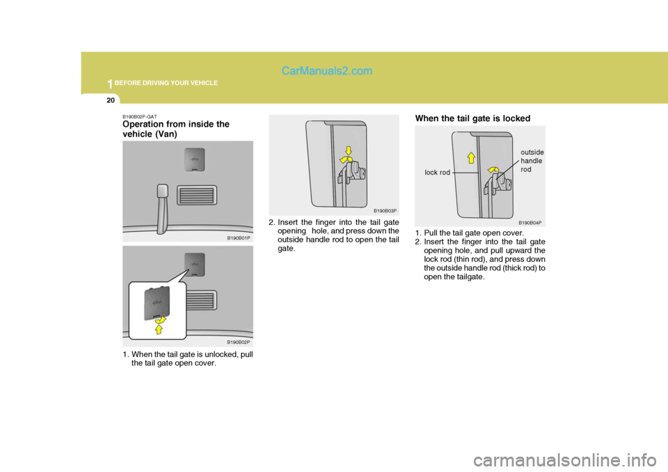 Hyundai H-1 (Grand Starex) 2004 Owners Guide 1BEFORE DRIVING YOUR VEHICLE
20
1. Pull the tail gate open cover. 
2. Insert the finger into the tail gate
opening hole, and pull upward the lock rod (thin rod), and press down the outside handle rod 