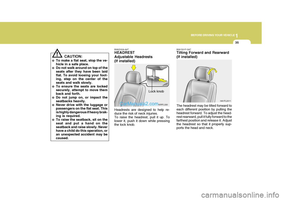 Hyundai H-1 (Grand Starex) 2004 Service Manual 1
BEFORE DRIVING YOUR VEHICLE
35
CAUTION:
o To make a flat seat, stop the ve- hicle in a safe place.
o Do not walk around on top of the
seats after they have been laid flat. To avoid loosing your foot
