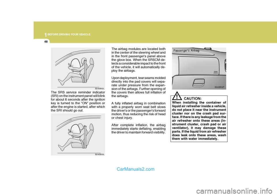 Hyundai H-1 (Grand Starex) 2004  Owners Manual 1BEFORE DRIVING YOUR VEHICLE
48
The airbag modules are located both in the center of the steering wheel andin the front passengers panel above the glove box. When the SRSCM de- tects a considerable i