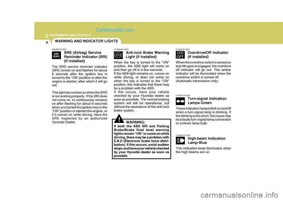 Hyundai H-1 (Grand Starex) 2004 User Guide 2 INSTRUMENTS AND CONTROLS
8WARNING AND INDICATOR LIGHTS
B260B01S-GAT SRS (Airbag) Service Reminder Indicator (SRI)(If installed)
The SRS service reminder indicator (SRI) comes on and flashes for abou