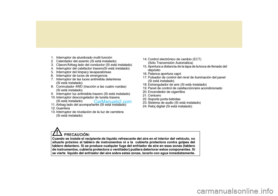 Hyundai H-1 (Grand Starex) 2004  Manual del propietario (in Spanish) 1. Interruptor de alumbrado multi-función 
2. Calentador del asiento (Si está instalado) 
3. Claxon/Airbag lado del conductor (Si está instalado) 
4. Interruptor del calefactor trasero(Si está ins