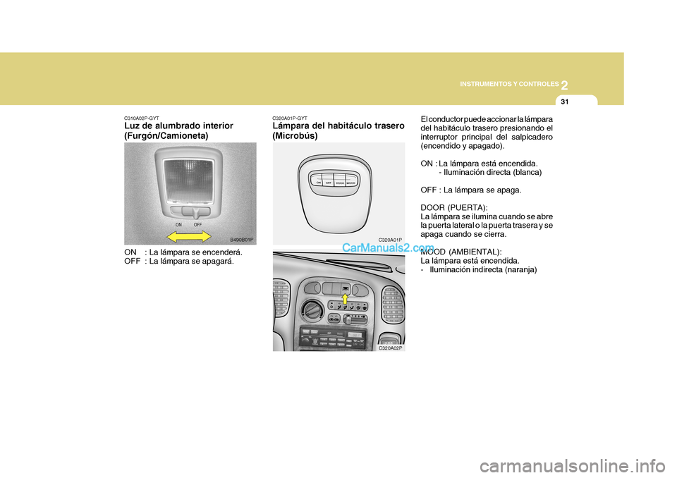 Hyundai H-1 (Grand Starex) 2004 Manual del propietario (in Spanish) 2
INSTRUMENTOS Y CONTROLES
31
C320A01P
C320A02P
B490B01P C320A01P-GYT Lámpara del habitáculo trasero (Microbús)
El conductor puede accionar la lámpara del habitáculo trasero presionando elinterru Hyundai H-1 (Grand Starex) 2004 Manual del propietario (in Spanish) 2
INSTRUMENTOS Y CONTROLES
31
C320A01P
C320A02P
B490B01P C320A01P-GYT Lámpara del habitáculo trasero (Microbús)
El conductor puede accionar la lámpara del habitáculo trasero presionando elinterru