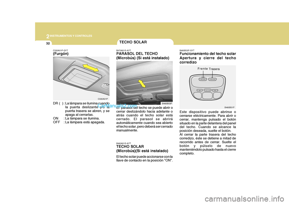 Hyundai H-1 (Grand Starex) 2004 Manual del propietario (in Spanish) 2INSTRUMENTOS Y CONTROLES
32
B460B01P
C330A01P
B460B03P
B460B03P
TECHO SOLAR
C330A01P-GYT (Furgón)
DR ( ) : La lámpara se ilumina cuando la puerta deslizante y/o la puerta trasera se abren, y s Hyundai H-1 (Grand Starex) 2004 Manual del propietario (in Spanish) 2INSTRUMENTOS Y CONTROLES
32
B460B01P
C330A01P
B460B03P
B460B03P
TECHO SOLAR
C330A01P-GYT (Furgón)
DR ( ) : La lámpara se ilumina cuando la puerta deslizante y/o la puerta trasera se abren, y s