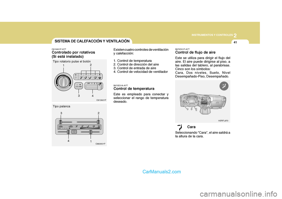 Hyundai H-1 (Grand Starex) 2004  Manual del propietario (in Spanish) 2
INSTRUMENTOS Y CONTROLES
41
HSRFL670
C610A01P
C660A01P
1 2
3 4
12
3
4
SISTEMA DE CALEFACCIÓN Y VENTILACIÓN
C610A01P-AYT Controlado por rotativos (Si está instalado) Existen cuatro controles de ve
