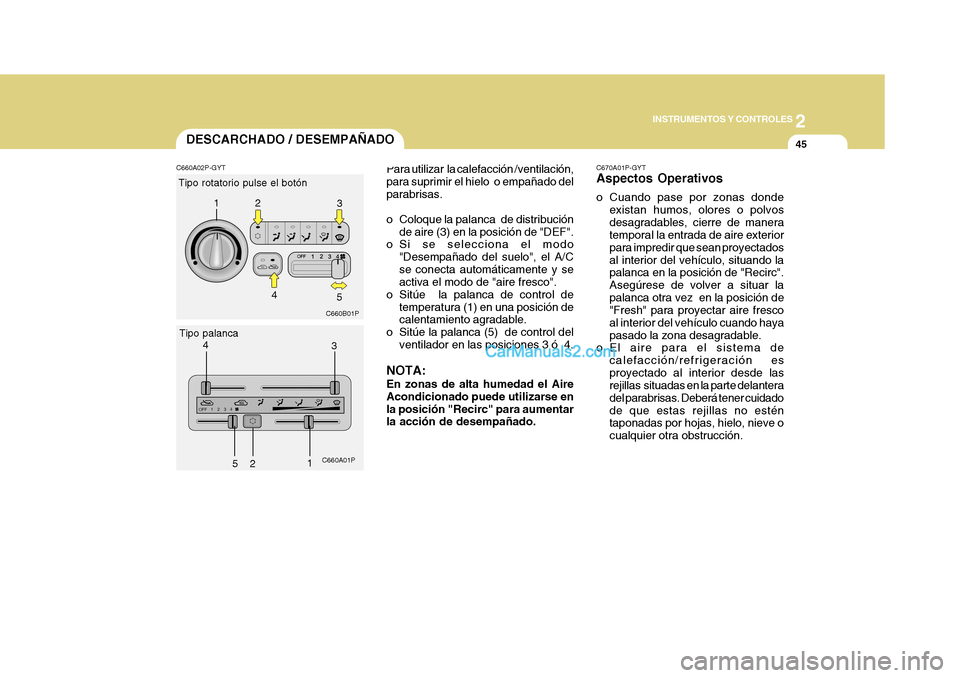 Hyundai H-1 (Grand Starex) 2004  Manual del propietario (in Spanish) 2
INSTRUMENTOS Y CONTROLES
45
C660B01P
C660A01P
1
2 3
4
5
12
3
4 5
Para utilizar  la calefacción /ventilación, para suprimir el hielo  o empañado delparabrisas. 
o Coloque la palanca  de distribuci