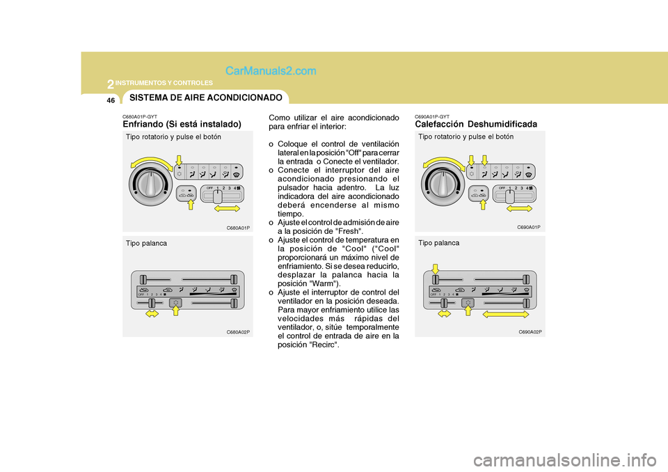 Hyundai H-1 (Grand Starex) 2004  Manual del propietario (in Spanish) 2INSTRUMENTOS Y CONTROLES
46
C680A01P C680A02PC690A01P
C690A02P
C680A01P-GYT Enfriando (Si está instalado) SISTEMA DE AIRE ACONDICIONADO
Como utilizar el aire acondicionado para enfriar el interior: 