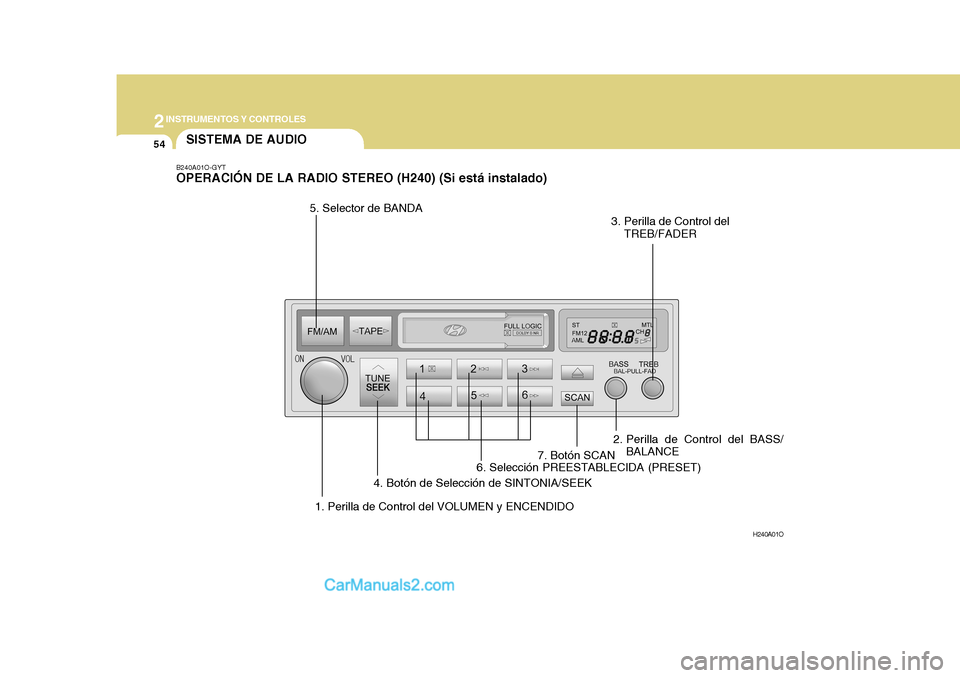 Hyundai H-1 (Grand Starex) 2004  Manual del propietario (in Spanish) 2INSTRUMENTOS Y CONTROLES
54
B240A01O-GYT OPERACIÓN DE LA RADIO STEREO (H240) (Si está instalado)
1. Perilla de Control del VOLUMEN y ENCENDIDO 2. Perilla de Control del BASS/
BALANCE
3. Perilla de 