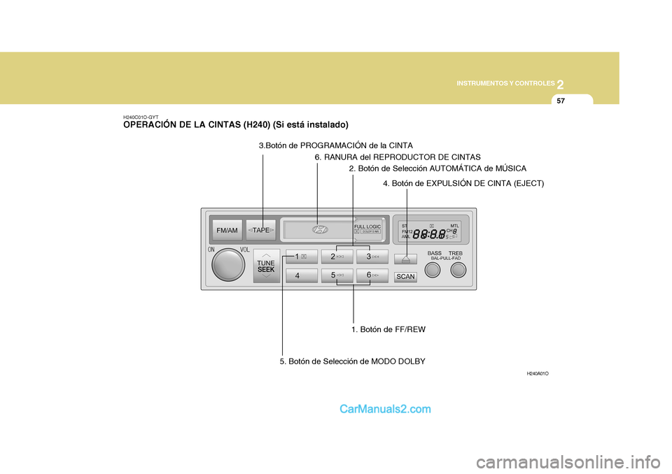Hyundai H-1 (Grand Starex) 2004 Manual del propietario (in Spanish) 2
INSTRUMENTOS Y CONTROLES
57
H240A01O
H240C01O-GYT OPERACIÓN DE LA CINTAS (H240) (Si está instalado)
1. Botón de FF/REW
2. Botón de Selección AUTOMÁTICA de MÚSICA
3.Botón de PROGRAMACIÓN de Hyundai H-1 (Grand Starex) 2004 Manual del propietario (in Spanish) 2
INSTRUMENTOS Y CONTROLES
57
H240A01O
H240C01O-GYT OPERACIÓN DE LA CINTAS (H240) (Si está instalado)
1. Botón de FF/REW
2. Botón de Selección AUTOMÁTICA de MÚSICA
3.Botón de PROGRAMACIÓN de
