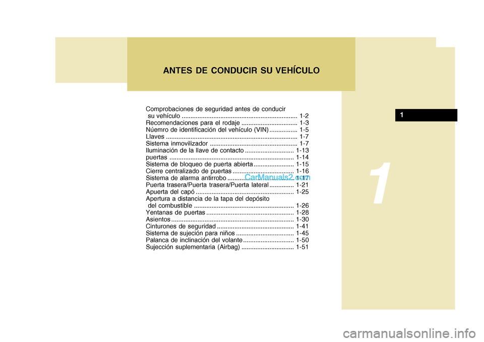 Hyundai H-1 (Grand Starex) 2004  Manual del propietario (in Spanish) Comprobaciones de seguridad antes de conducir 
 su vehículo .................................................................. 1-2
Recomendaciones para el rodaje ................................ 1-3
