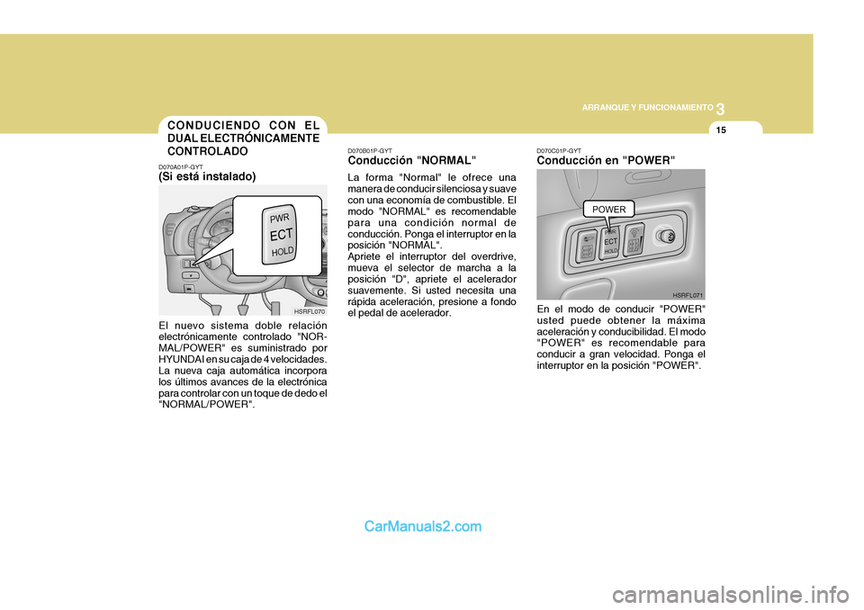 Hyundai H-1 (Grand Starex) 2004 Manual del propietario (in Spanish) 3
ARRANQUE Y FUNCIONAMIENTO
15CONDUCIENDO CON EL DUAL ELECTRÓNICAMENTE CONTROLADO
D070A01P-GYT (Si está instalado) El nuevo sistema doble relación electrónicamente controlado "NOR- MAL/POWER" es s Hyundai H-1 (Grand Starex) 2004 Manual del propietario (in Spanish) 3
ARRANQUE Y FUNCIONAMIENTO
15CONDUCIENDO CON EL DUAL ELECTRÓNICAMENTE CONTROLADO
D070A01P-GYT (Si está instalado) El nuevo sistema doble relación electrónicamente controlado "NOR- MAL/POWER" es s