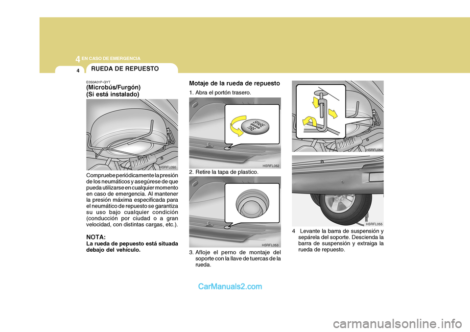 Hyundai H-1 (Grand Starex) 2004  Manual del propietario (in Spanish) 44EN CASO DE EMERGENCIA
4
HSRFL052
HSRFL053 HSRFL054
HSRFL055
RUEDA DE REPUESTO
E050A01P-GYT (Microbús/Furgón) (Si está instalado) Compruebe periódicamente la presión de los neumáticos y asegúr