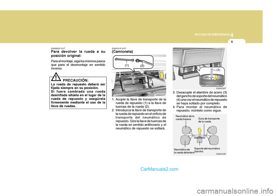 Hyundai H-1 (Grand Starex) 2004 Manual del propietario (in Spanish) 4
CORROSION PREVENTION AND APPEARANCE CARE
5
4
EN CASO DE EMERGENCIA
5
E050C03P
E050C02P
(3)
(4)
E050B02P-GYT Para devolver la rueda a su posición original: Para el montaje, siga los mismos pasos que Hyundai H-1 (Grand Starex) 2004 Manual del propietario (in Spanish) 4
CORROSION PREVENTION AND APPEARANCE CARE
5
4
EN CASO DE EMERGENCIA
5
E050C03P
E050C02P
(3)
(4)
E050B02P-GYT Para devolver la rueda a su posición original: Para el montaje, siga los mismos pasos que
