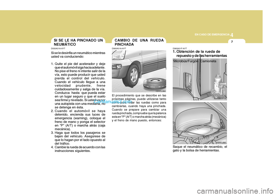 Hyundai H-1 (Grand Starex) 2004 Manual del propietario (in Spanish) 4
CORROSION PREVENTION AND APPEARANCE CARE
7
4
EN CASO DE EMERGENCIA
7
HSRFL060
E010B01P-3
HSRFL050
CAMBIO DE UNA RUEDA PINCHADASI SE LE HA PINCHADO UN NEUMÁTICO D060A01A-AYT
D050A01A-AYT Si se le de Hyundai H-1 (Grand Starex) 2004 Manual del propietario (in Spanish) 4
CORROSION PREVENTION AND APPEARANCE CARE
7
4
EN CASO DE EMERGENCIA
7
HSRFL060
E010B01P-3
HSRFL050
CAMBIO DE UNA RUEDA PINCHADASI SE LE HA PINCHADO UN NEUMÁTICO D060A01A-AYT
D050A01A-AYT Si se le de
