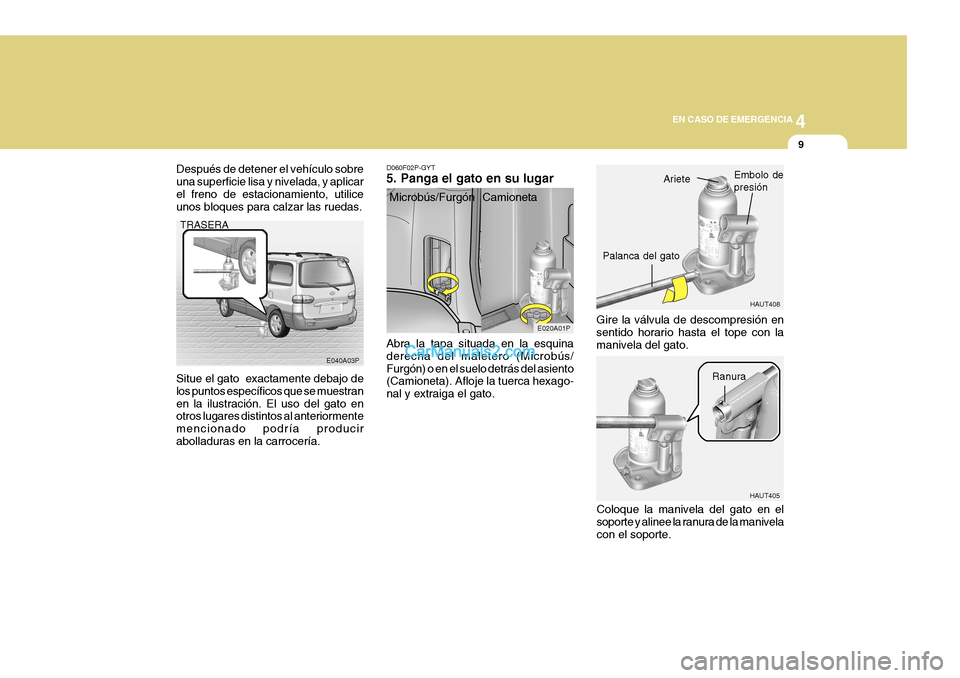 Hyundai H-1 (Grand Starex) 2004  Manual del propietario (in Spanish) 4
CORROSION PREVENTION AND APPEARANCE CARE
9
4
EN CASO DE EMERGENCIA
9
HAUT405
HAUT408
E020A01P
E040A03P
Después de detener el vehículo sobre una superficie lisa y nivelada, y aplicarel freno de est Hyundai H-1 (Grand Starex) 2004  Manual del propietario (in Spanish) 4
CORROSION PREVENTION AND APPEARANCE CARE
9
4
EN CASO DE EMERGENCIA
9
HAUT405
HAUT408
E020A01P
E040A03P
Después de detener el vehículo sobre una superficie lisa y nivelada, y aplicarel freno de est