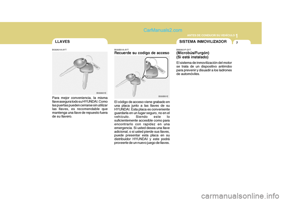 Hyundai H-1 (Grand Starex) 2004  Manual del propietario (in Spanish) 1
ANTES DE CONDUCIR SU VEHÍCULO
7LLAVES
B030A01A-AYT Para mejor conveniencia, la misma llave asegura todo su HYUNDAI. Comolas puertas pueden cerrarse sin utilizar las llaves, es recomendable que mant