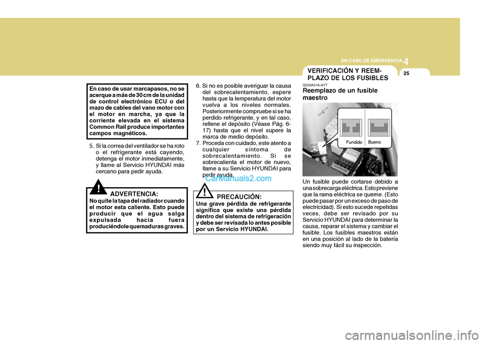 Hyundai H-1 (Grand Starex) 2004 Manual del propietario (in Spanish) 4
CORROSION PREVENTION AND APPEARANCE CARE
25
4
EN CASO DE EMERGENCIA
25
HSRFL200
!
6. Si no es posible averiguar la causa
del sobrecalentamiento, espere hasta que la temperatura del motor vuelva a lo Hyundai H-1 (Grand Starex) 2004 Manual del propietario (in Spanish) 4
CORROSION PREVENTION AND APPEARANCE CARE
25
4
EN CASO DE EMERGENCIA
25
HSRFL200
!
6. Si no es posible averiguar la causa
del sobrecalentamiento, espere hasta que la temperatura del motor vuelva a lo
