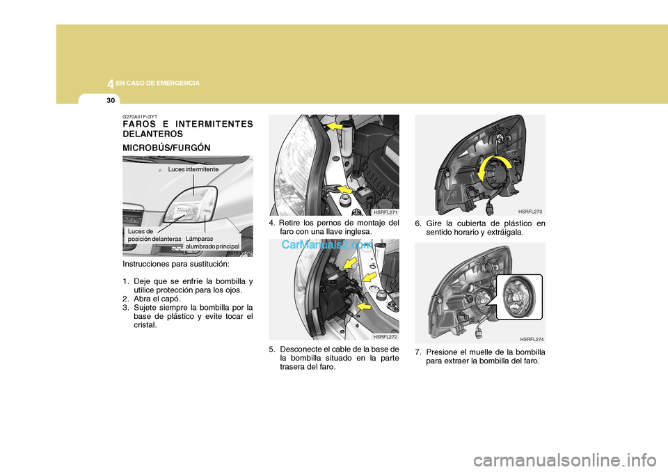 Hyundai H-1 (Grand Starex) 2004 Manual del propietario (in Spanish) 44EN CASO DE EMERGENCIA
30
HSRFL274
HSRFL273
HSRFL272 HSRFL271
HSRFL270
7. Presione el muelle de la bombilla
para extraer la bombilla del faro.
6. Gire la cubierta de plástico en
sentido horario y ex Hyundai H-1 (Grand Starex) 2004 Manual del propietario (in Spanish) 44EN CASO DE EMERGENCIA
30
HSRFL274
HSRFL273
HSRFL272 HSRFL271
HSRFL270
7. Presione el muelle de la bombilla
para extraer la bombilla del faro.
6. Gire la cubierta de plástico en
sentido horario y ex