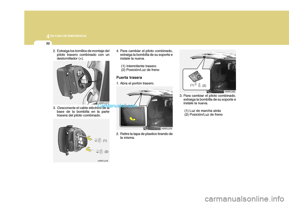 Hyundai H-1 (Grand Starex) 2004 Manual del propietario (in Spanish) 44EN CASO DE EMERGENCIA
32
HSRFL293
(1)
(2)
HSRFL277
HSRFL279
HSRFL278 (1)
(2)
2. Extraiga los tornillos de montaje del
piloto trasero combinado con un destornillador (+).
3. Desconecte el cable elé Hyundai H-1 (Grand Starex) 2004 Manual del propietario (in Spanish) 44EN CASO DE EMERGENCIA
32
HSRFL293
(1)
(2)
HSRFL277
HSRFL279
HSRFL278 (1)
(2)
2. Extraiga los tornillos de montaje del
piloto trasero combinado con un destornillador (+).
3. Desconecte el cable elé