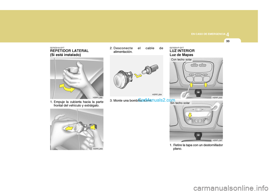 Hyundai H-1 (Grand Starex) 2004 Manual del propietario (in Spanish) 4
CORROSION PREVENTION AND APPEARANCE CARE
33
4
EN CASO DE EMERGENCIA
33
HSRFL283
HSRFL292 HSRFL284
HSRFL300
HSRFL297
Con techo solar
Sin techo solar
G270C01A-GYT REPETIDOR LATERAL (Si está instalado Hyundai H-1 (Grand Starex) 2004 Manual del propietario (in Spanish) 4
CORROSION PREVENTION AND APPEARANCE CARE
33
4
EN CASO DE EMERGENCIA
33
HSRFL283
HSRFL292 HSRFL284
HSRFL300
HSRFL297
Con techo solar
Sin techo solar
G270C01A-GYT REPETIDOR LATERAL (Si está instalado